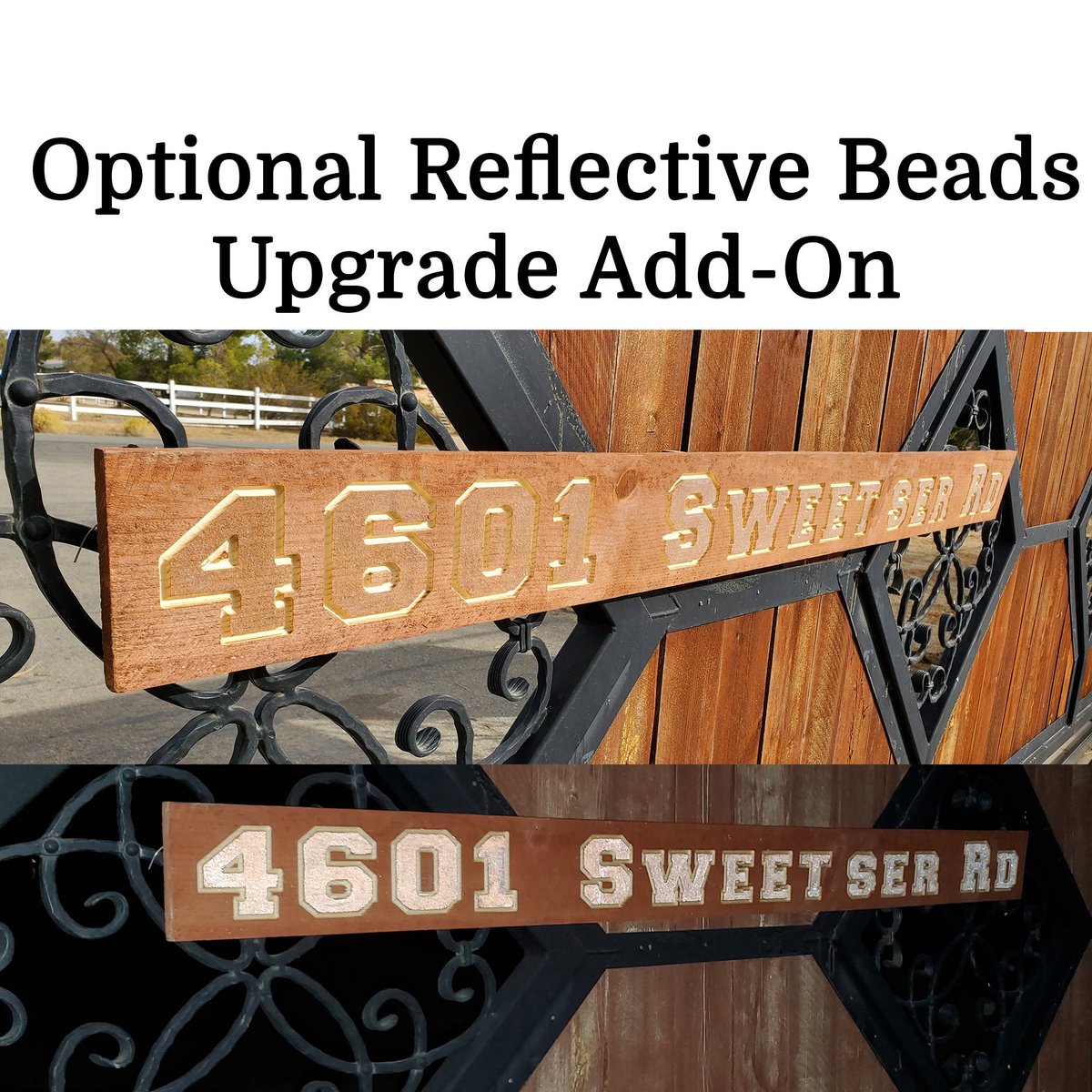 Custom Carved Redwood Address Sign with Optional Reflective Beads